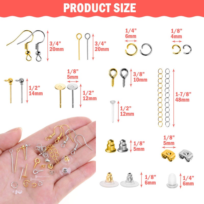 Caffox Earring Making Supplies Kit, Caffox 2900pcs Earring Hardware Pieces Repair Parts with Earring Hooks Posts Backs and Jump Rings for Making Earrings Studs and Jewelry Making (Silver & Gold) - Image 5