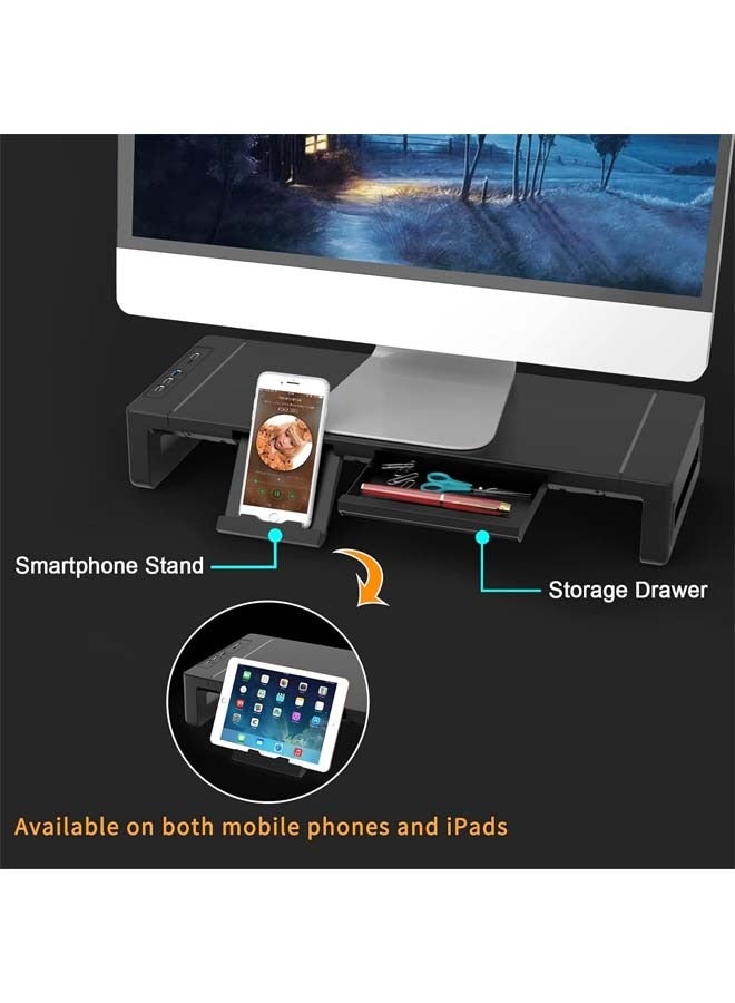 Monitor Stand Riser, Foldable Computer Monitor Stand for Desk with USB 3.0 and Charging Port, Laptop Desk Shelf  Monitor Riser with Storage Drawer and Tablet Phone Hold - Image 3