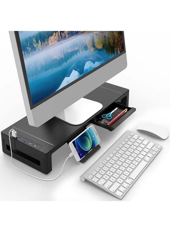 Monitor Stand Riser, Foldable Computer Monitor Stand for Desk with USB 3.0 and Charging Port, Laptop Desk Shelf  Monitor Riser with Storage Drawer and Tablet Phone Hold - Image 1
