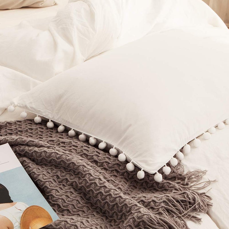 White Pillowcases Pom Poms Fringe Pillowcases Pure White Boho Chic Pillow Shams Ultra Soft Washed Microfiber 2 Pack Pillow Cover King White