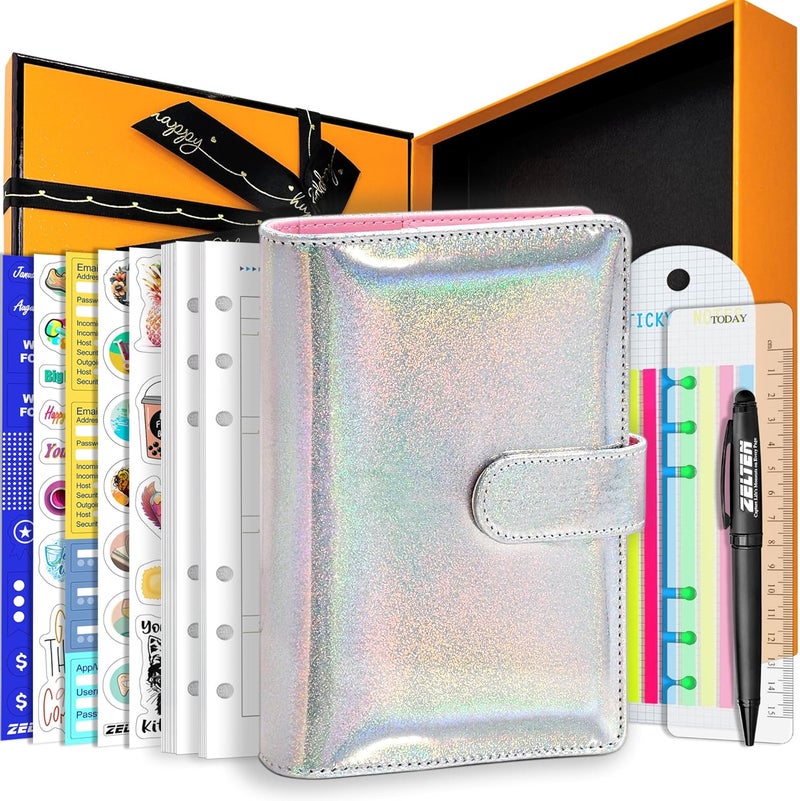 Zelten PU Leather Personal Notebook Planner with 67 Pages Loose-Leaf Papers 6 Holes Ring Binder Pen Holder Magnetic Buckle (Rainbow Glitter,A6 Gift Box) - Image 1