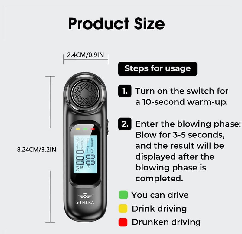 STHIRA جهاز اختبار الكحول STHIRA® قابل لإعادة الشحن عبر USB، جهاز تحليل التنفس المحمول للاستخدام الشخصي والمهني، شاشة LCD رقمية 0.00-0.19% BAC، جهاز تحليل التنفس عالي الدقة - Image 2
