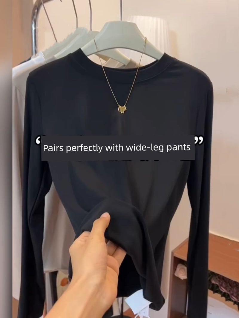 High-quality solid color round-neck long-sleeved base shirt, women's simple and versatile top, slimming temperament, elastic inner T-shirt, trendy - Image 3
