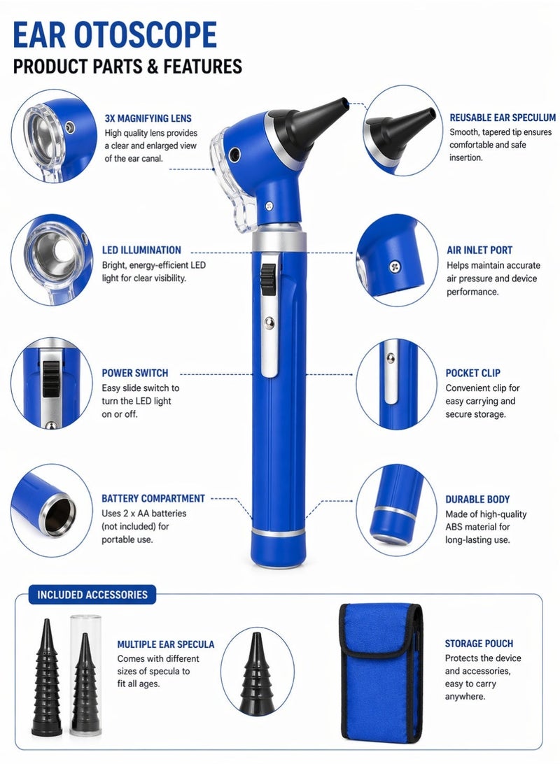 TNM Medical Optical Fiber Otoscope LED | ENT Ear Inspection Diagnostic Device – Blue - Image 3