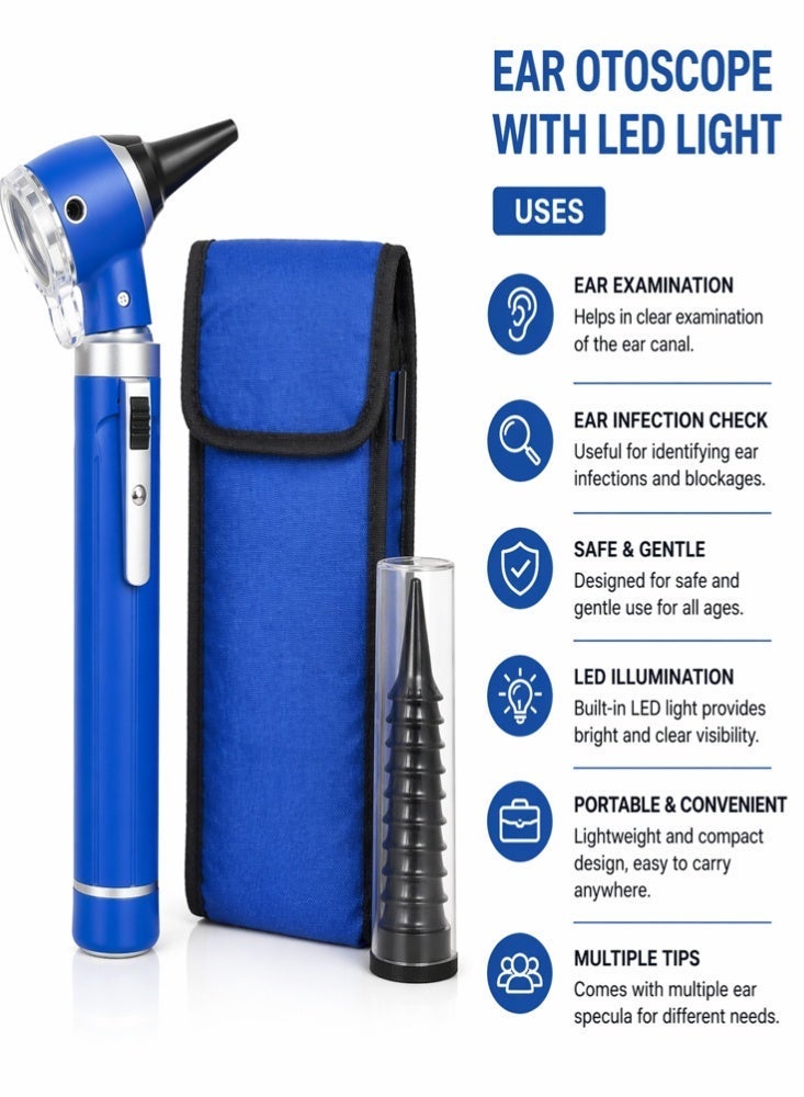 TNM Medical Optical Fiber Otoscope LED | ENT Ear Inspection Diagnostic Device – Blue - Image 2