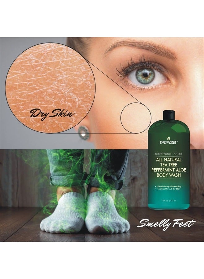 First Botany غسول الجسم الطبيعي بالكامل - يقاوم رائحة الجسم، قدم الرياضي، حكة الفخذ، مشاكل الأظافر، قشرة الرأس، حب الشباب، الإكزيما، جل الاستحمام للنساء والرجال، منظف للبشرة - 16 أونصة سائلة (شجرة الشاي بالنعناع) - Image 5