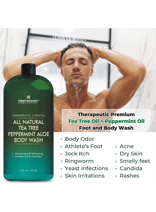 First Botany غسول الجسم الطبيعي بالكامل - يقاوم رائحة الجسم، قدم الرياضي، حكة الفخذ، مشاكل الأظافر، قشرة الرأس، حب الشباب، الإكزيما، جل الاستحمام للنساء والرجال، منظف للبشرة - 16 أونصة سائلة (شجرة الشاي بالنعناع) - Image 2
