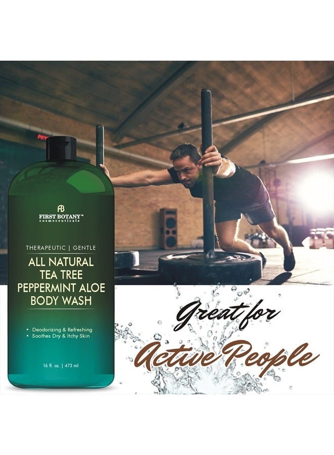 First Botany غسول الجسم الطبيعي بالكامل - يقاوم رائحة الجسم، قدم الرياضي، حكة الفخذ، مشاكل الأظافر، قشرة الرأس، حب الشباب، الإكزيما، جل الاستحمام للنساء والرجال، منظف للبشرة - 16 أونصة سائلة (شجرة الشاي بالنعناع) - Image 3