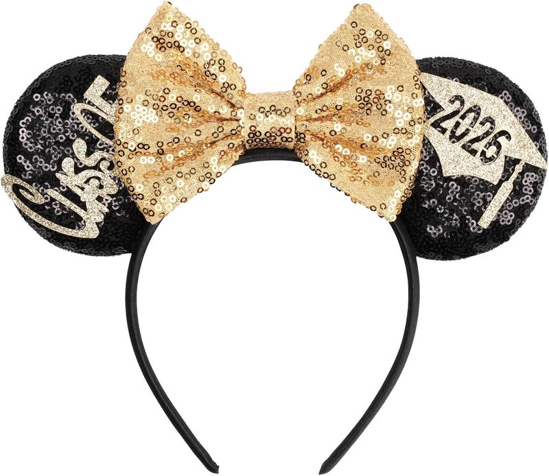 Kiddale Mouse Ears Headband for Graduation,Sequin Mouse Ear Hairband Hair Hoop Accessoties for Class of 2025 Graduation Party Favors Park Trip Grad Decoration(Black Champagne) - Image 1