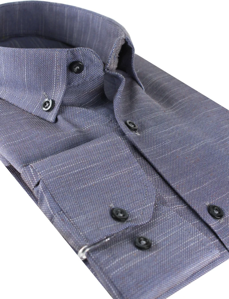 فاريتا Men's Dark Purple Plain Long Sleeve Cotton Linen Effect Pocket Collar Button Shirt