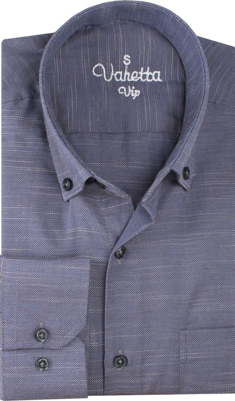 فاريتا Men's Dark Purple Plain Long Sleeve Cotton Linen Effect Pocket Collar Button Shirt