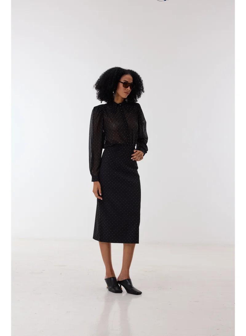 أشيتا فرنانديز تنورة شيفون منقطة شفافة بأزرار وقصة مريحة - أسود