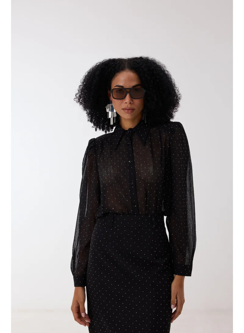 Ashita Fernandes  Sheer Polka Dot Chiffon Button-Down Skirt with Relaxed Fit – Black  | Best Price UAE