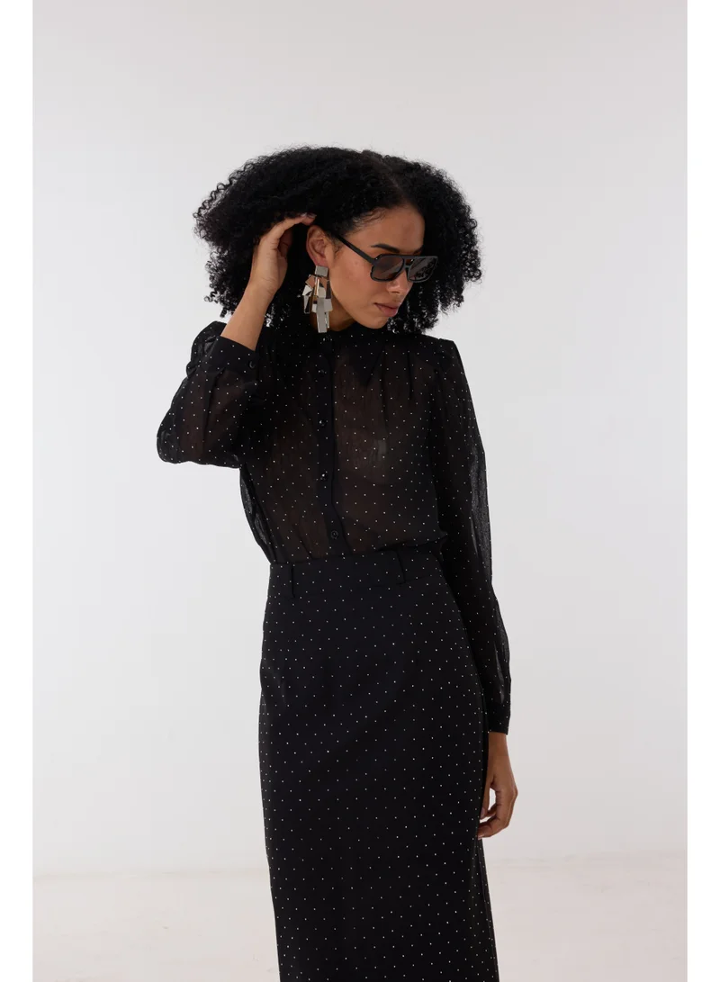 Ashita Fernandes  Sheer Polka Dot Chiffon Button-Down Skirt with Relaxed Fit – Black  | Best Price UAE