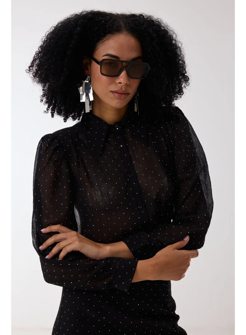 Ashita Fernandes  Sheer Polka Dot Chiffon Button-Down Skirt with Relaxed Fit – Black  | Best Price UAE