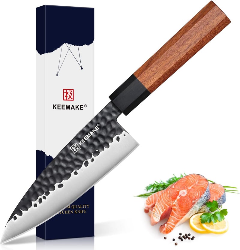 KEEMAKE Deba Knife 6 inch, Double Bevel Japanese 440C Stainless Steel Fish/Fillet Knife with G10 Bolster Octagonal Wood Handle - Image 1