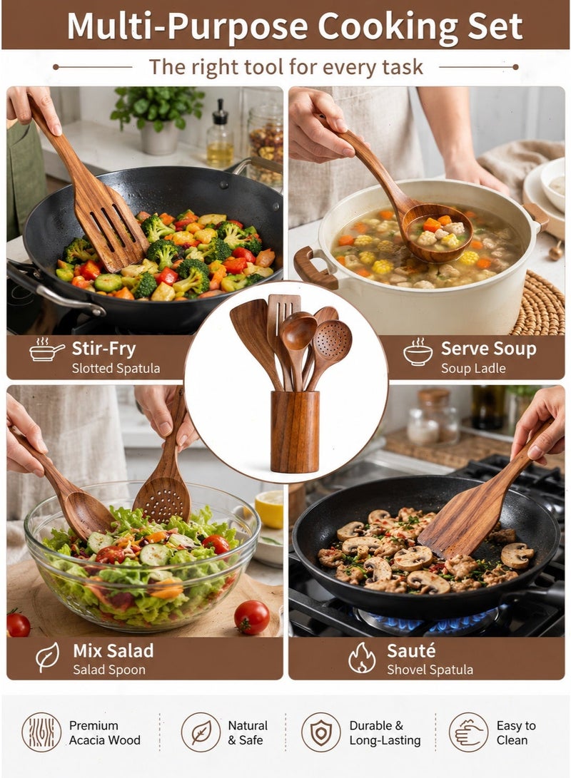 Yoawllty Wooden Spoon Cooking Set, 6-Piece Bamboo Kitchen Utensils, Wooden Cookware with Scraper Spoon, Suitable for Non-Stick Pans and High-Temperature Stir-Frying (Dark Brown) - Image 4