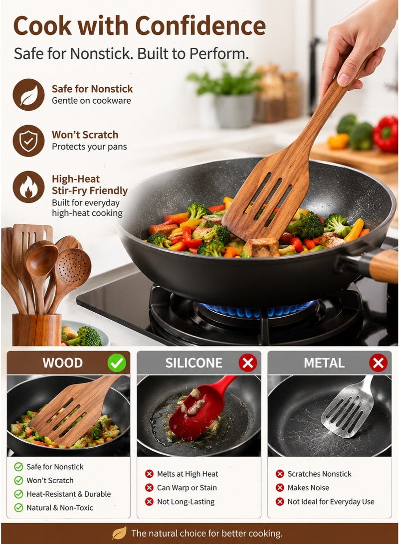 Yoawllty Wooden Spoon Cooking Set, 6-Piece Bamboo Kitchen Utensils, Wooden Cookware with Scraper Spoon, Suitable for Non-Stick Pans and High-Temperature Stir-Frying (Dark Brown) - Image 5