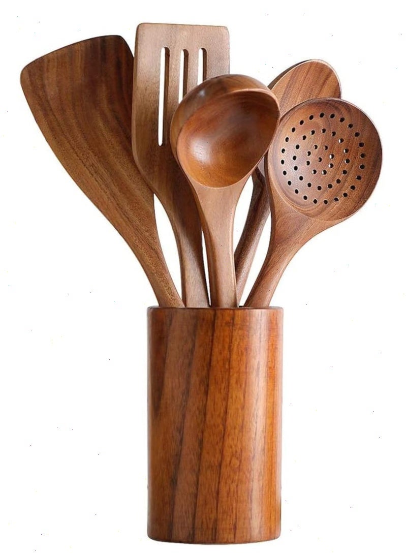 Yoawllty Wooden Spoon Cooking Set, 6-Piece Bamboo Kitchen Utensils, Wooden Cookware with Scraper Spoon, Suitable for Non-Stick Pans and High-Temperature Stir-Frying (Dark Brown) - Image 1