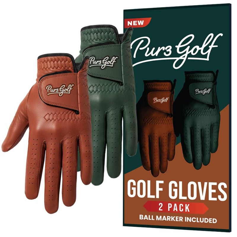 PUR3 Golf PUR3 Cabretta Leather Golf Gloves Men | 2 Pack Heritage Collection | Includes Ball Marker | Golf Glove Men Left Hand and Right Hand (Medium, Worn on Left Hand (for Right Handed Golfers)) - Image 1