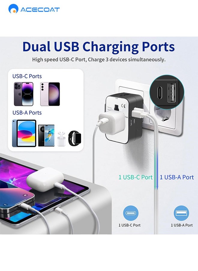 ايسكوت محول سفر دولي، محول سفر عالمي مع 1 USB-A + 1 نوع C، محول طاقة الكل في واحد للجوال واللاب توب، محول قابس عالمي للولايات المتحدة الامريكية والمملكة المتحدة والاتحاد الاوروبي واستراليا، أسود/أبيض  - Image 3