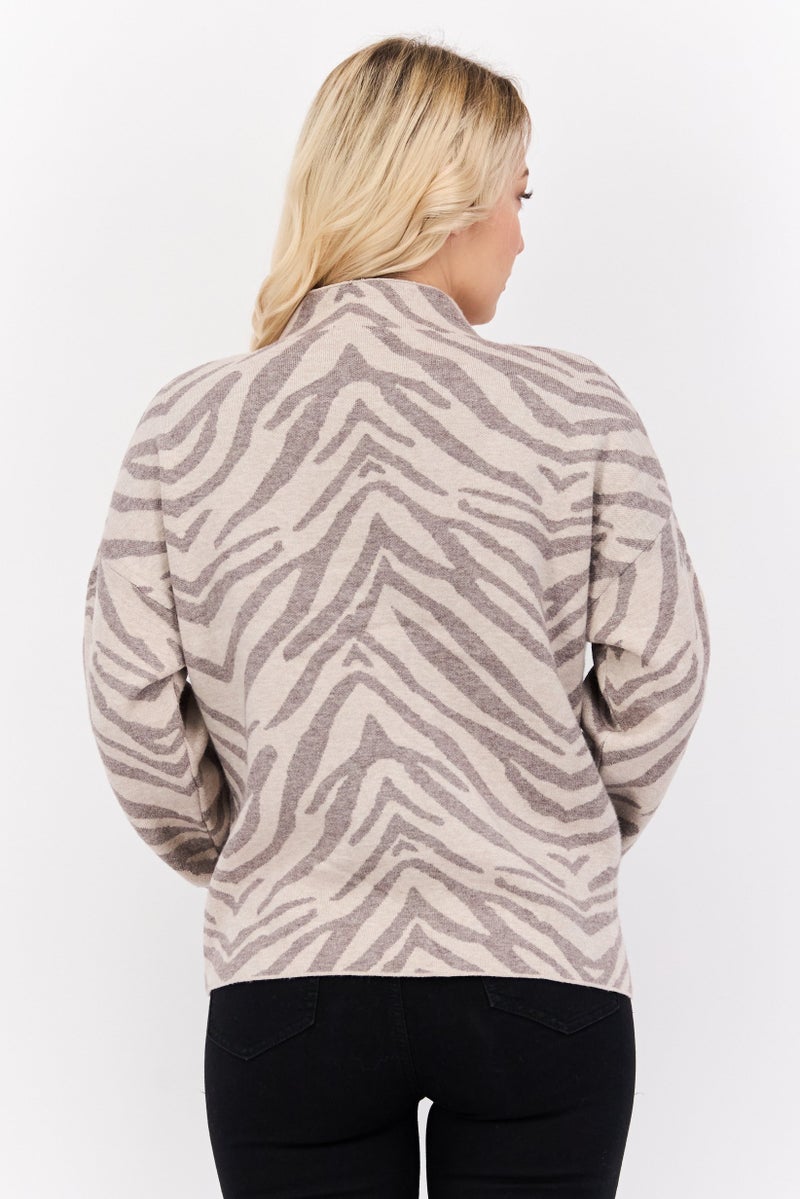 CARMEN MARC VALVO Women Mock Neck Jacquard Print Long Sleeves Sweater, Grey - Image 3