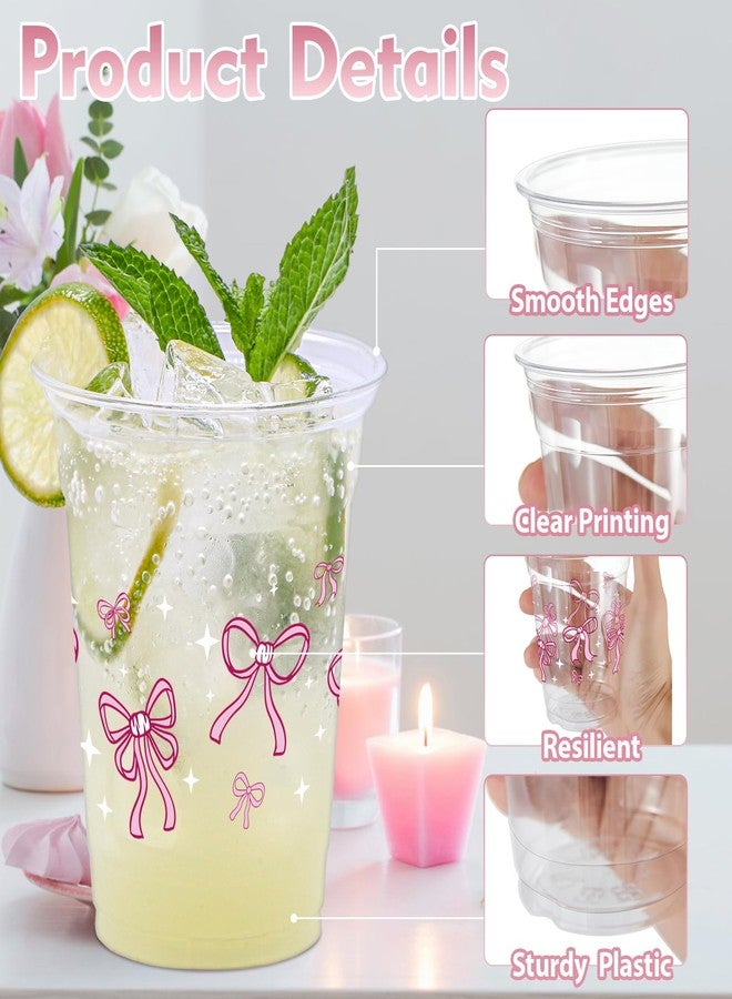 ZCPTZ 100 Pcs Pink Bow Plastic Cups, 12 oz Cute Bow Drinking Cups Pink Bow Clear Disposable Plastic Cups for Bridal Shower Wedding Girl Birthday Party Supplies - Image 3