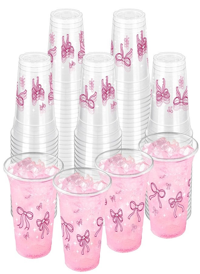 ZCPTZ 100 Pcs Pink Bow Plastic Cups, 12 oz Cute Bow Drinking Cups Pink Bow Clear Disposable Plastic Cups for Bridal Shower Wedding Girl Birthday Party Supplies - Image 1