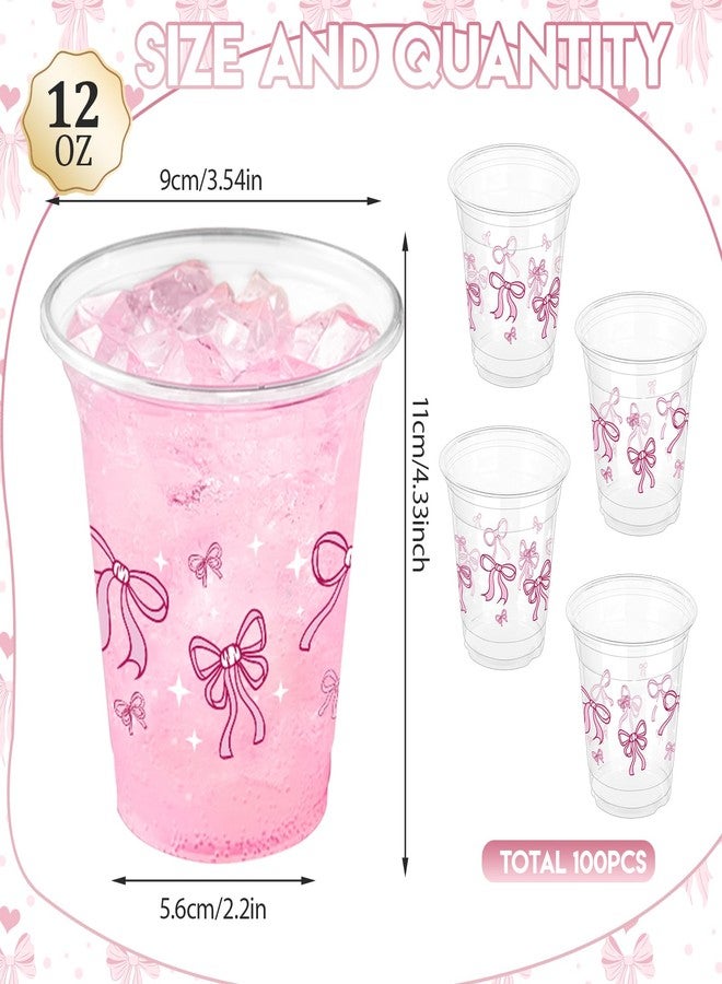 ZCPTZ 100 Pcs Pink Bow Plastic Cups, 12 oz Cute Bow Drinking Cups Pink Bow Clear Disposable Plastic Cups for Bridal Shower Wedding Girl Birthday Party Supplies - Image 2