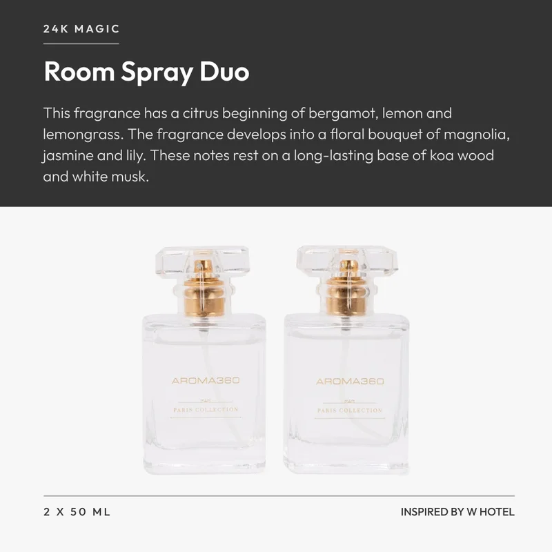 Aroma360  Aroma360-24K Magic - Essential Oil Room Spray Duo - Hotel Inspired Aromatherapy - Hints of Zesty Citrus, Floral Jasmine, & Lily - Hypoallergenic - 2 Pack  | Best Price UAE