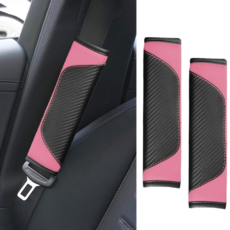 ongfuwu 2PCS Car Seat Belt Cover Pad Soft Carbon Fiber Leather Seatbelt Shoulder Protector for a More Comfortable Driving Universal Safety Belt Strap Cover to Protect Your Neck Pink