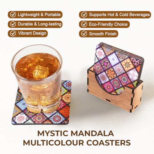 Exclusivish Mystic Mandala Multicolour Wooden Coaster Set of 6 with Holder & Box – Dining Table Accessories | Indian Handicraft | Diwali Gifts for Family and Friends - Image 3