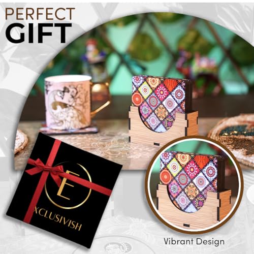 Exclusivish Mystic Mandala Multicolour Wooden Coaster Set of 6 with Holder & Box – Dining Table Accessories | Indian Handicraft | Diwali Gifts for Family and Friends - Image 2