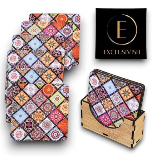 Exclusivish Mystic Mandala Multicolour Wooden Coaster Set of 6 with Holder & Box – Dining Table Accessories | Indian Handicraft | Diwali Gifts for Family and Friends - Image 1
