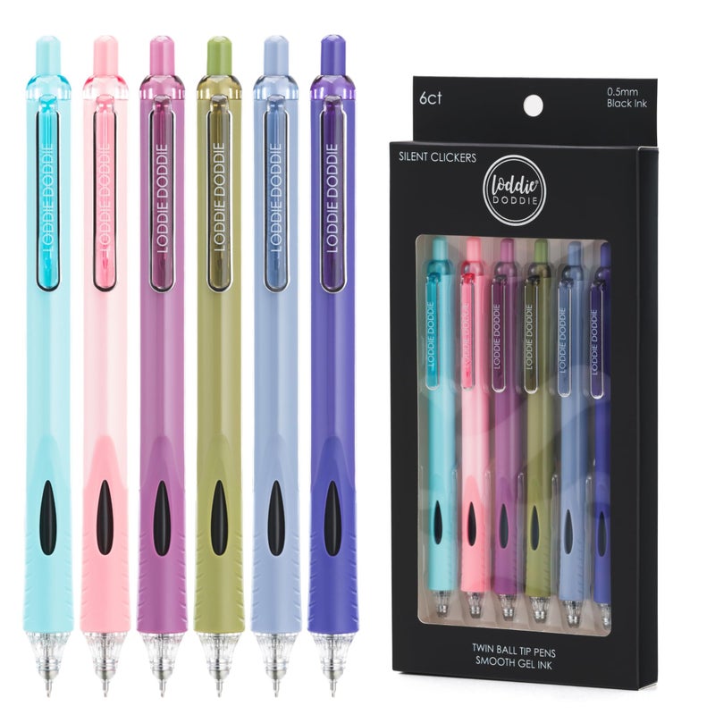 Loddie Doddie Retractable Gel Ink Pen Set - 0.5mm Fine Tip, Pack of 6, Colored Barrels - Silent Click & Smooth Writing Supplies - Quick-Dry Gel Journaling Pens - Ergonomic Grip Design - Image 1