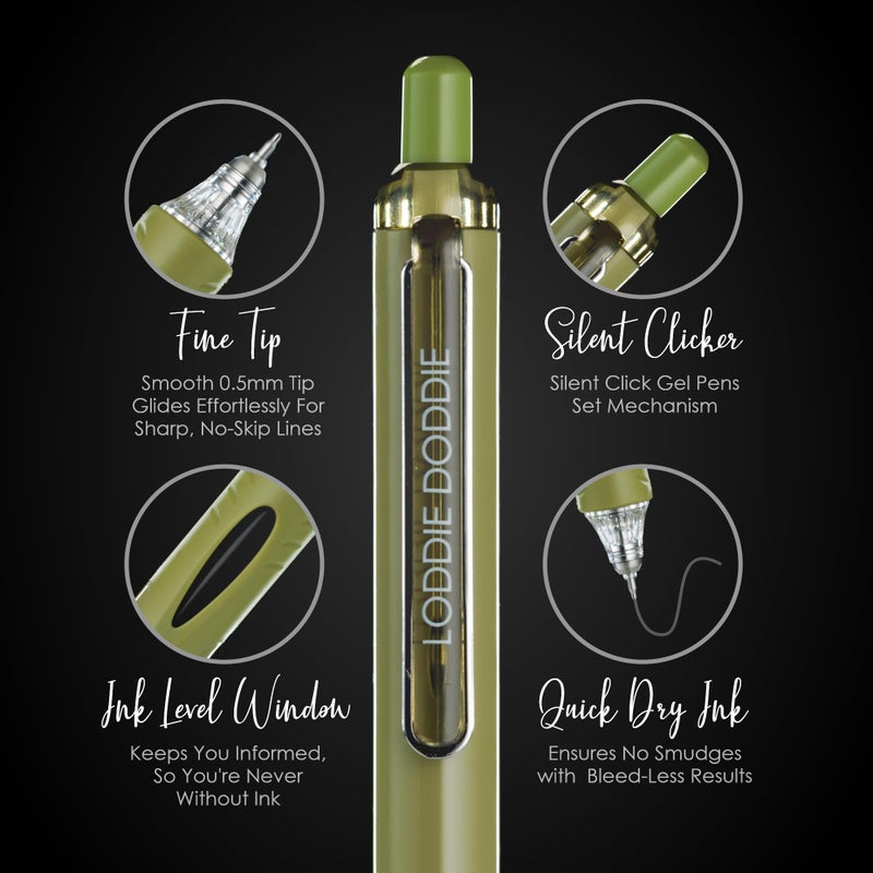 Loddie Doddie Retractable Gel Ink Pen Set - 0.5mm Fine Tip, Pack of 6, Colored Barrels - Silent Click & Smooth Writing Supplies - Quick-Dry Gel Journaling Pens - Ergonomic Grip Design - Image 2