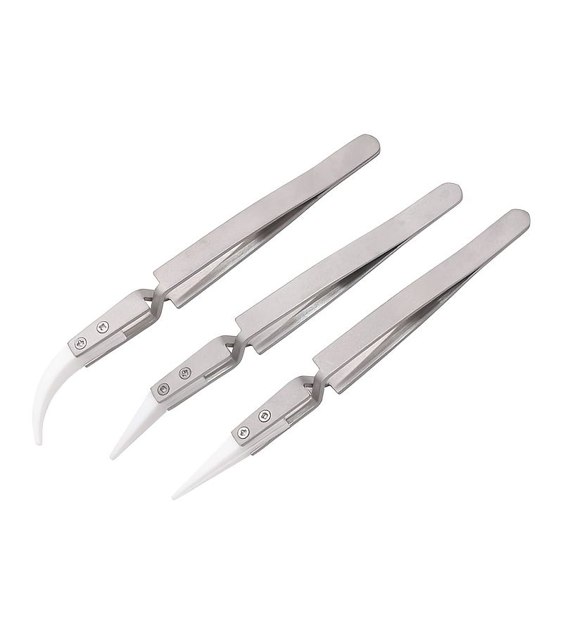 Precision Ceramic Tweezers 3pcs Set Non Conductive Heat Resistant Anti Magnetic Curved Pointed Tips - Image 4