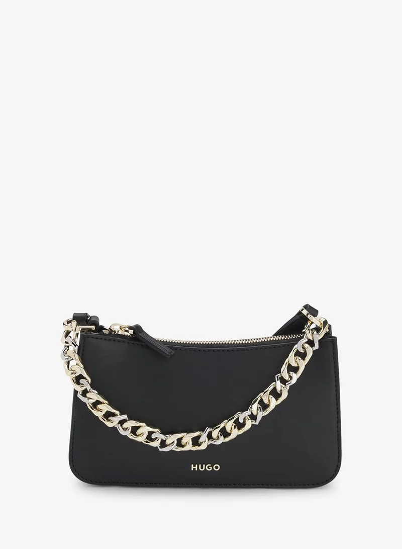 Faux-leather crossbody bag with decorative chain
