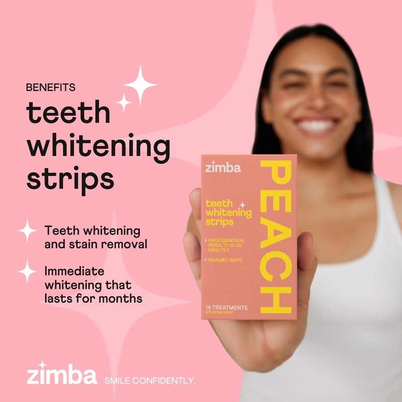 Zimba Teeth Whitening Strips Vegan Whitening Strip Enamel Safe Teeth Whitening Hydrogen Peroxide Teeth Whitener for Coffee, Wine, and Other Stains, 28 Strips (14 Day Treatment), Peach - Image 2