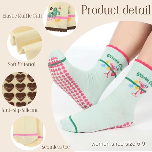Halfchet 5 Pairs Women Pilates Grippy Socks Cute Non-slip Yoga Crew Socks Ruffle Grip Sock for Barre Fitness Hospital Workout(Pilates Party) - Image 2