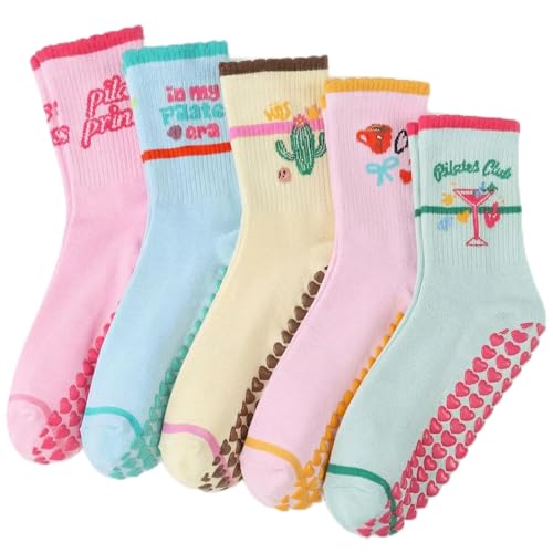 Halfchet 5 Pairs Women Pilates Grippy Socks Cute Non-slip Yoga Crew Socks Ruffle Grip Sock for Barre Fitness Hospital Workout(Pilates Party) - Image 1