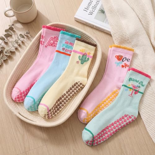 Halfchet 5 Pairs Women Pilates Grippy Socks Cute Non-slip Yoga Crew Socks Ruffle Grip Sock for Barre Fitness Hospital Workout(Pilates Party) - Image 4