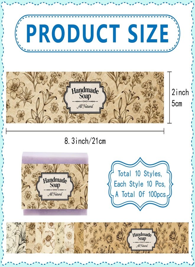 CREATCABIN 100 Pcs Soap Wrapper 10 Styles Vintage Flower Art Soap Paper Wrap Tape Vertical Tag Sleeves Covers Labels Rectangle for Homemade Bar Packaging Warp Supplies Gift 8.27×1.97 Inch - Image 2