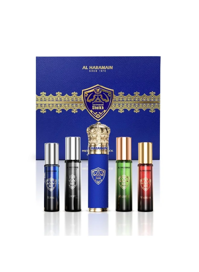 Al Haramain  Al Haramain Sheikh A Travel Pack with Tube Cover – 4 x 10ml Extrait de Parfum Gift Set for Men (Color of Tube & Bottles May Vary Based on Availability)  | Best Price UAE