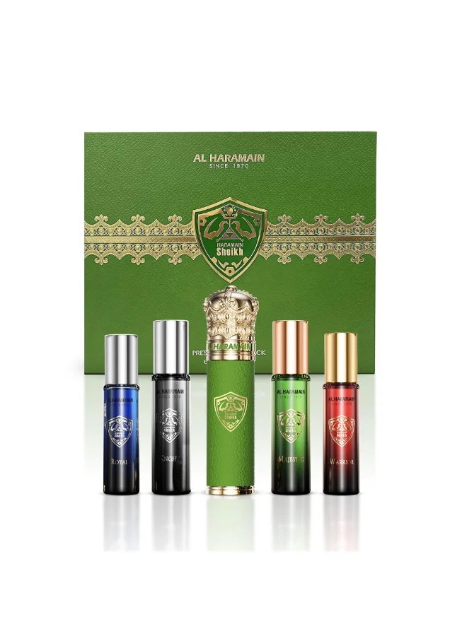 Al Haramain  Al Haramain Sheikh A Travel Pack with Tube Cover – 4 x 10ml Extrait de Parfum Gift Set for Men (Color of Tube & Bottles May Vary Based on Availability)  | Best Price UAE