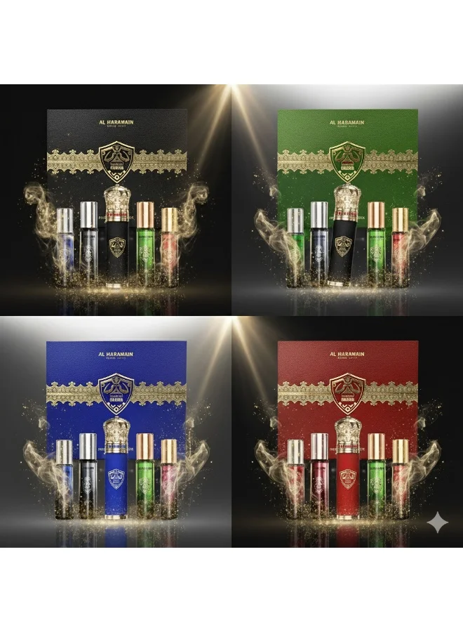 Al Haramain Al Haramain Sheikh Prestige Travel Pack with Tube Cover – 4 x 10ml Extrait de Parfum Gift Set for Men (Color of Tube & Bottles May Vary Based on Availability)