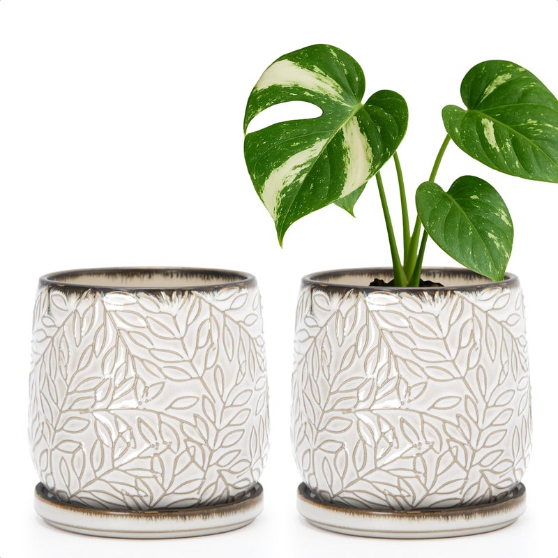 D'vine Dev 5 Inch Embossed Leaves Stoneware Planter Pot with Drainage Hole and Saucer, Smoked White, Set of 2, 27-F-V-1 - Image 1