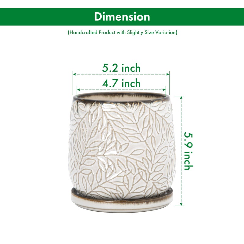 D'vine Dev 5 Inch Embossed Leaves Stoneware Planter Pot with Drainage Hole and Saucer, Smoked White, Set of 2, 27-F-V-1 - Image 3