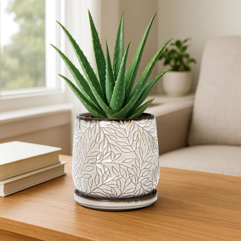 D'vine Dev 5 Inch Embossed Leaves Stoneware Planter Pot with Drainage Hole and Saucer, Smoked White, Set of 2, 27-F-V-1 - Image 2