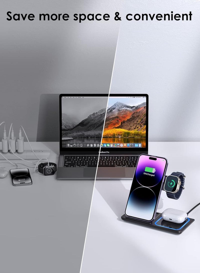3-in-1 Wireless Charging Station for Apple  Samsung | Fast Charger Stand for iPhone 14 13 12 11 Pro Max XS 8, AirPods 3/2/Pro, iWatch 8-2 | Foldable Dock | Portable  Compact – Black  - Image 4